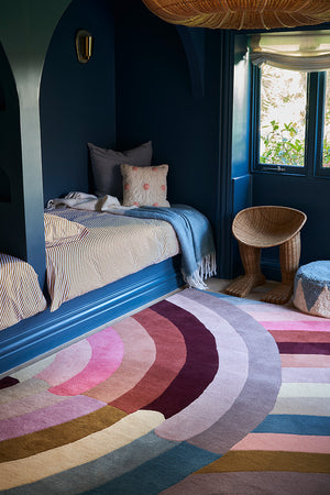 Mystiq Blush Pink Burgundy Teal Wool Rug – Rainbow Botanical Design Lifestyle View 2 – Rugfine
