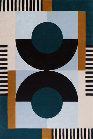 Teal Black Amber Hand Tufted Wool Rug – Novasync Banto 100% New Zealand Wool Luxury Area Rug by Rugfine – Overhead View