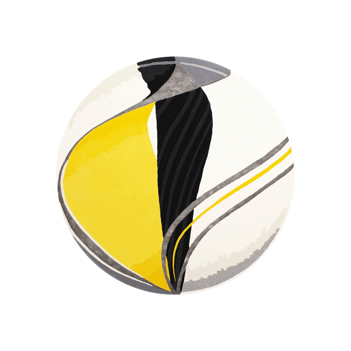 Nufsaid modernist abstract round wool rug with a furled black column and yellow petal on cream, hand tufted by Rugfine
