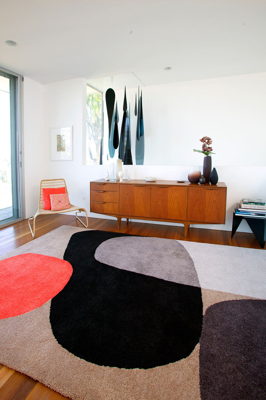 Taupe Red Black Hand Tufted Wool Rug – Orblume Skipping Stones Dinosaur Designs 100% NZ Wool by Rugfine – Lifestyle View