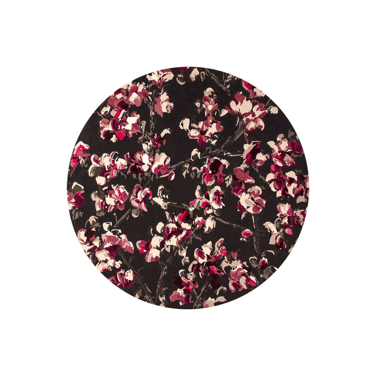 Panamor blossom round wool rug in burgundy, dusty rose and cream on black, hand tufted by Rugfine