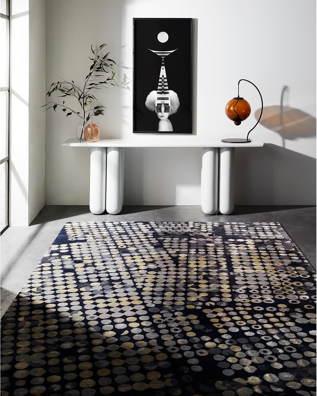 Pebble Black Ivory Gold Aerial Dots Carousel Wool Rug – Lifestyle View – Hand Tufted Rugfine