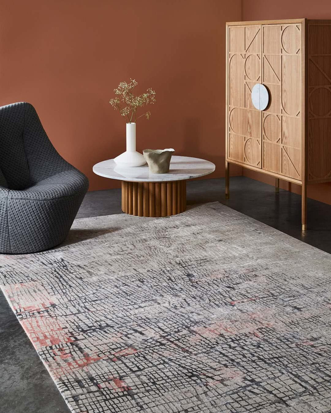 Grey Pink Black Hand Tufted Wool Rug – Pixlen Ball Point by Carousel 100% NZ Wool by Rugfine – Lifestyle View