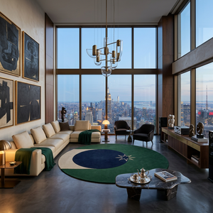 Polaris minimalist round wool rug styled in a contemporary living room