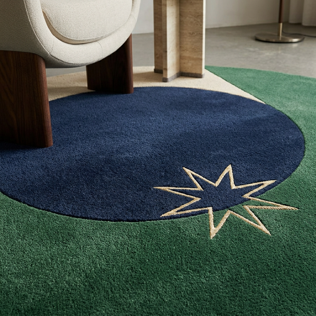 Close up of the raised cream eight-point star on the navy disc of Polaris wool rug