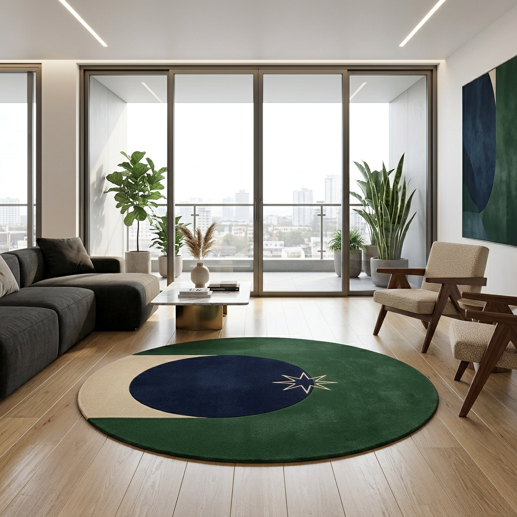 Polaris navy and forest green round rug in a modern apartment with charcoal sofa and oak floor