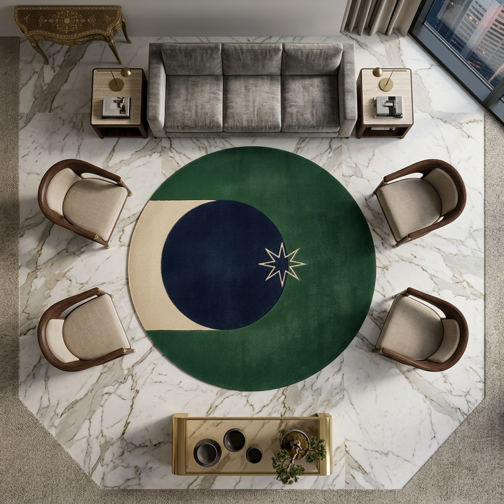 Overhead view of Polaris round wool rug on marble flooring with a grey sofa and four armchairs