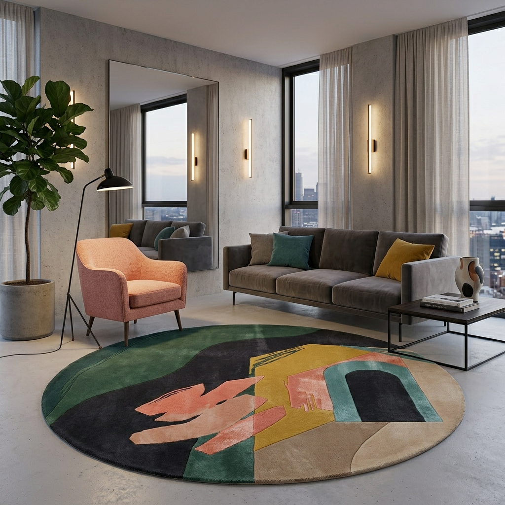Portico abstract round wool rug in a concrete loft living room with grey sofa and coral armchair