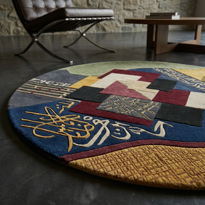 Close up of raised gold calligraphic script and carved ochre lattice on Qalam wool rug