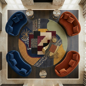 Qalam ochre, navy and burgundy calligraphy round wool rug in a luxury lounge with blue and rust sofas