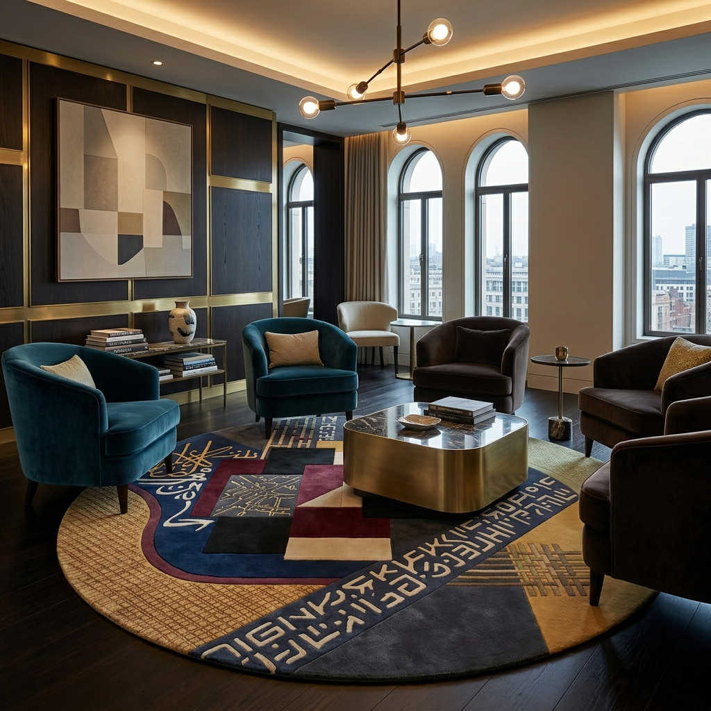 Qalam luxury calligraphy round area rug in 100% New Zealand wool - Rugfine Bhadohi