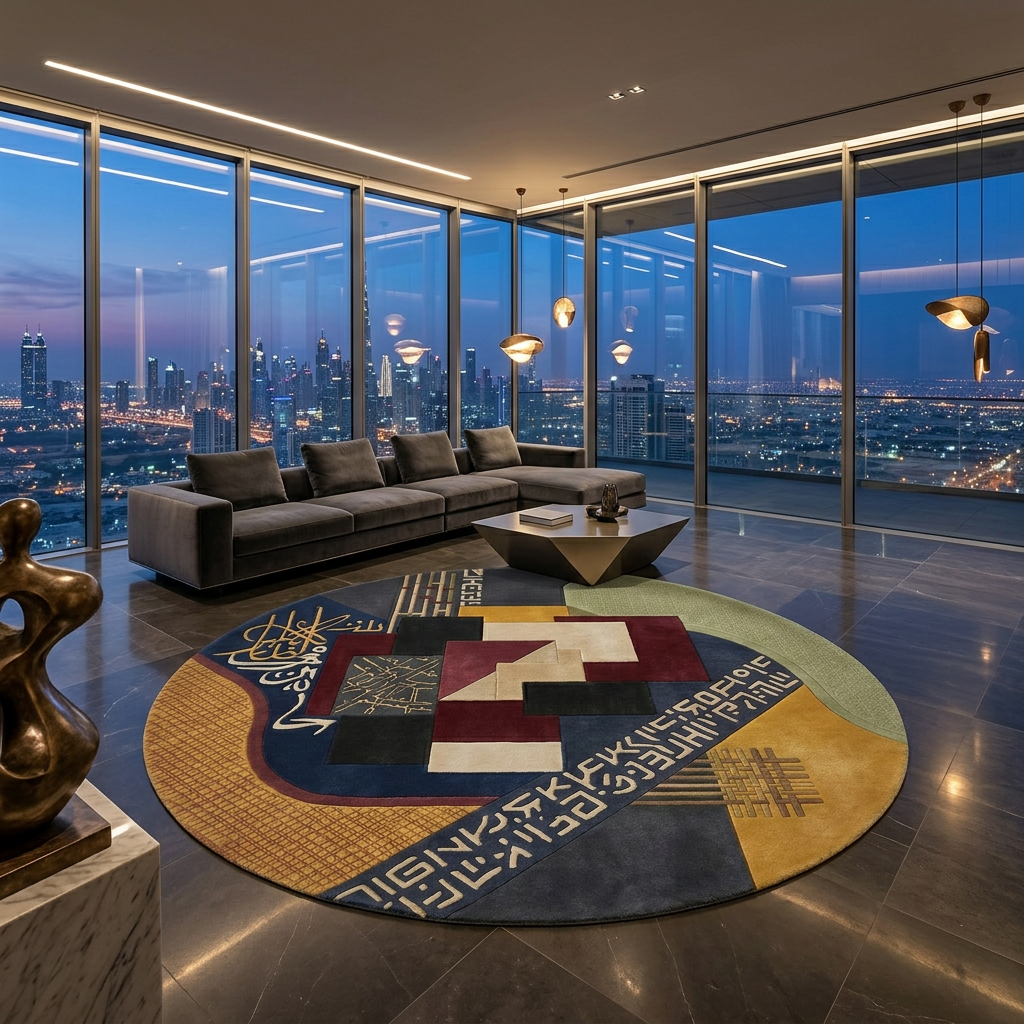 Qalam abstract calligraphy round rug styled in a contemporary interior