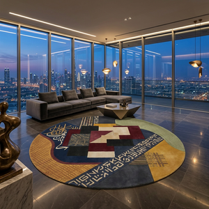 Qalam abstract calligraphy round rug styled in a contemporary interior