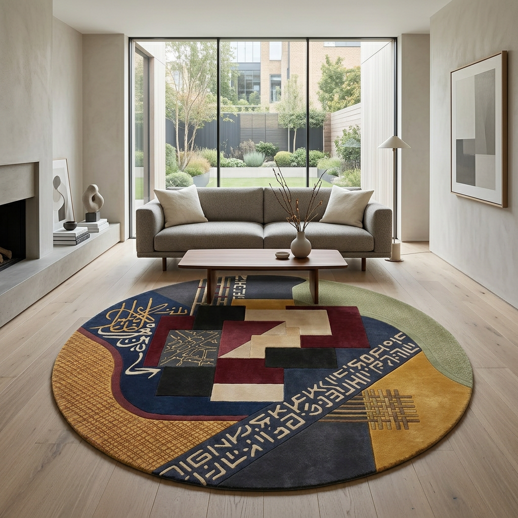 Qalam calligraphy round wool rug in a modern living room with grey sofa and oak flooring
