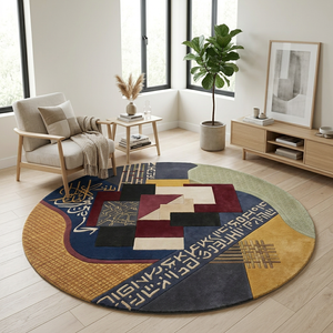 Qalam round rug in a bright room with a light oak chair and plaster walls