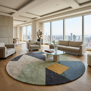 Quadra geometric round wool rug styled in a modern living room - Rugfine hand tufted