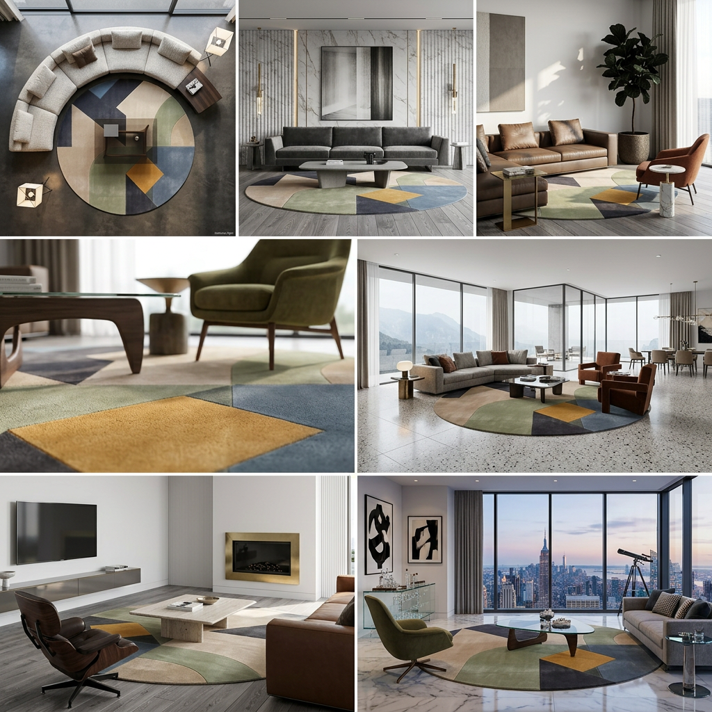 Quadra hand tufted round geometric wool rug in sage green, mustard and charcoal by Rugfine