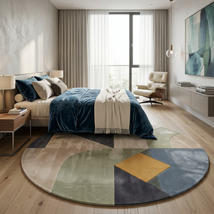 Mustard diamond accent detail on Quadra geometric round wool rug by Rugfine