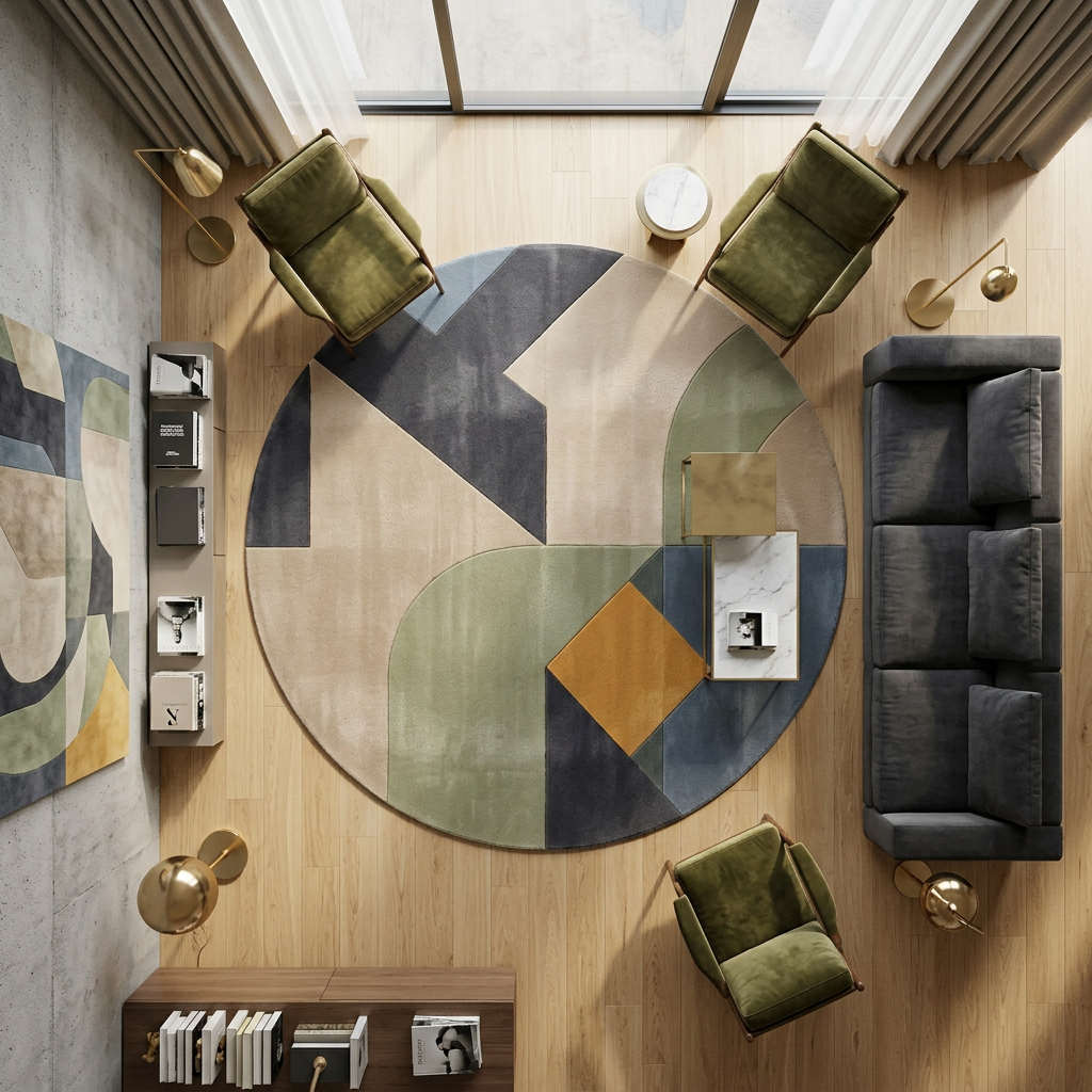 Overhead view of Quadra round geometric wool rug in a modern living room with olive green armchairs