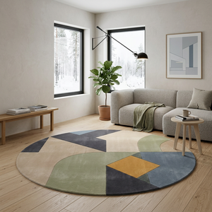 Quadra round hand tufted New Zealand wool rug with mid-century Bauhaus geometry