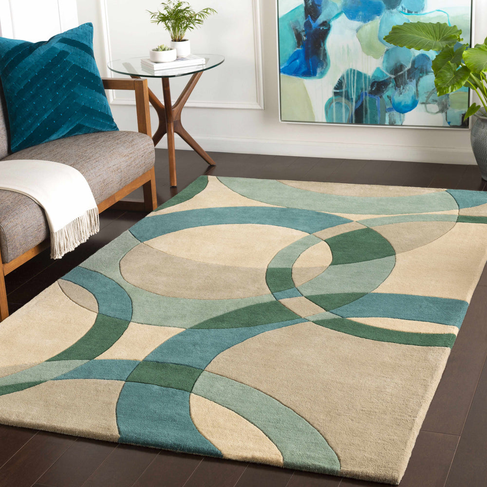Ivory Teal Sage Green Botanical Wool Rug – Botana 100% New Zealand Wool by Rugfine – Room Setting