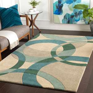 Ivory Teal Sage Green Botanical Wool Rug – Botana 100% New Zealand Wool by Rugfine – Room Setting