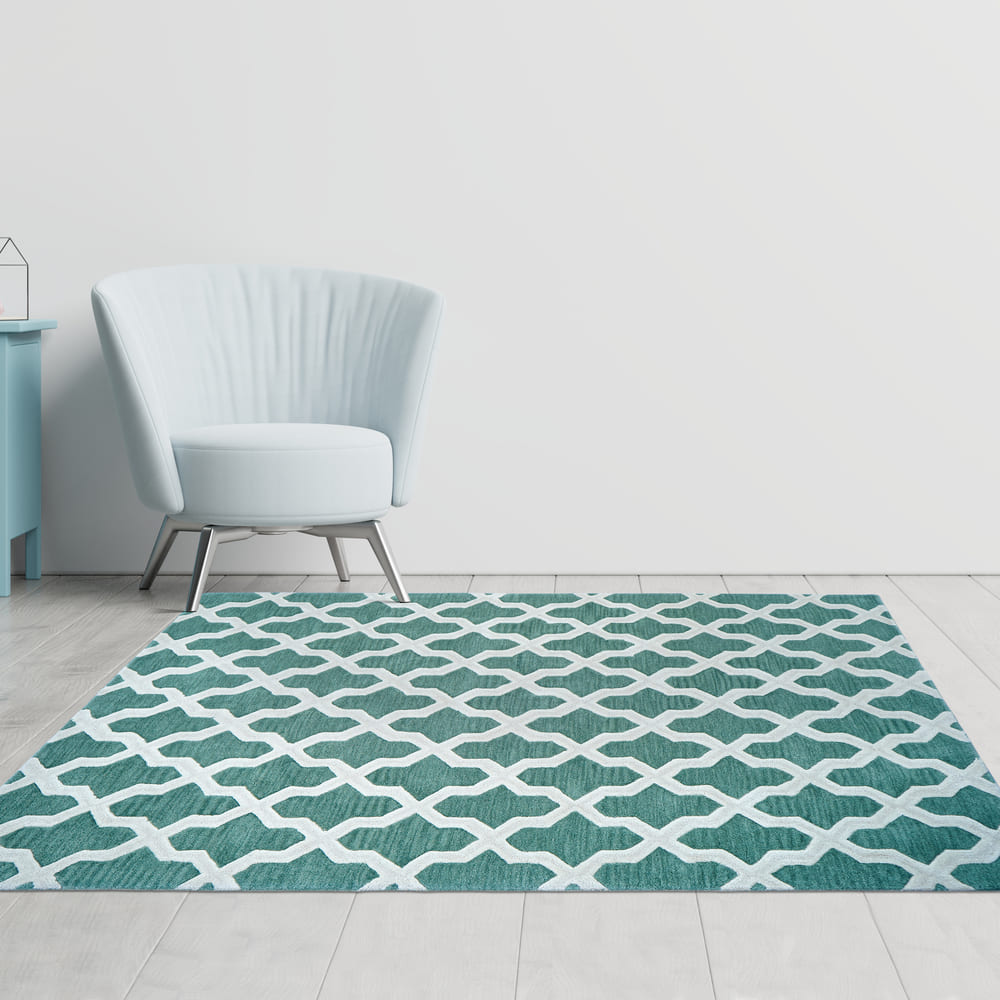 Chikoon Rug | Teal & White | Hand Tufted New Zealand Wool | Rugfine