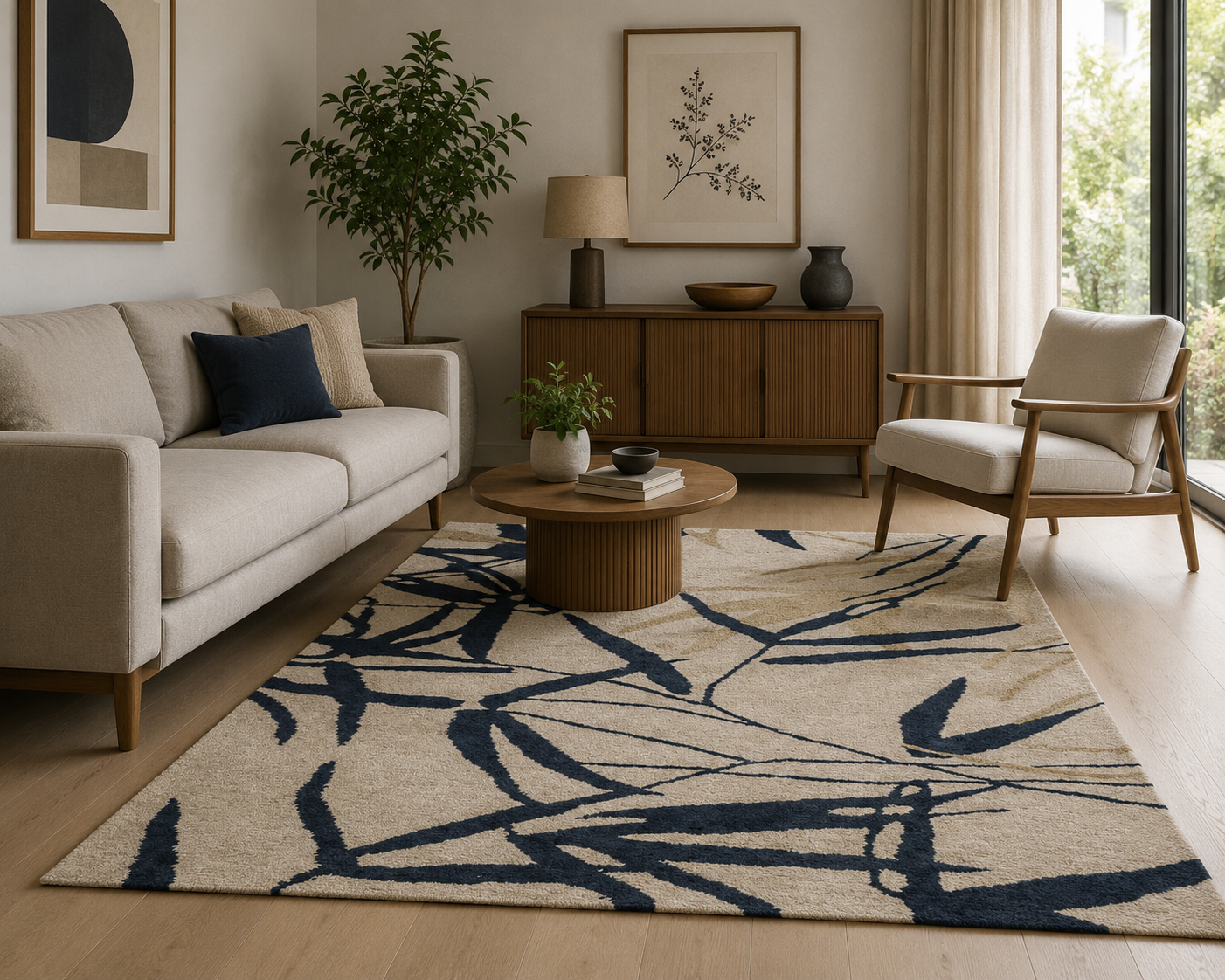 Flooky Botanical Rug | Ivory, Navy & Gold | Hand Tufted New Zealand Wool | Rugfine