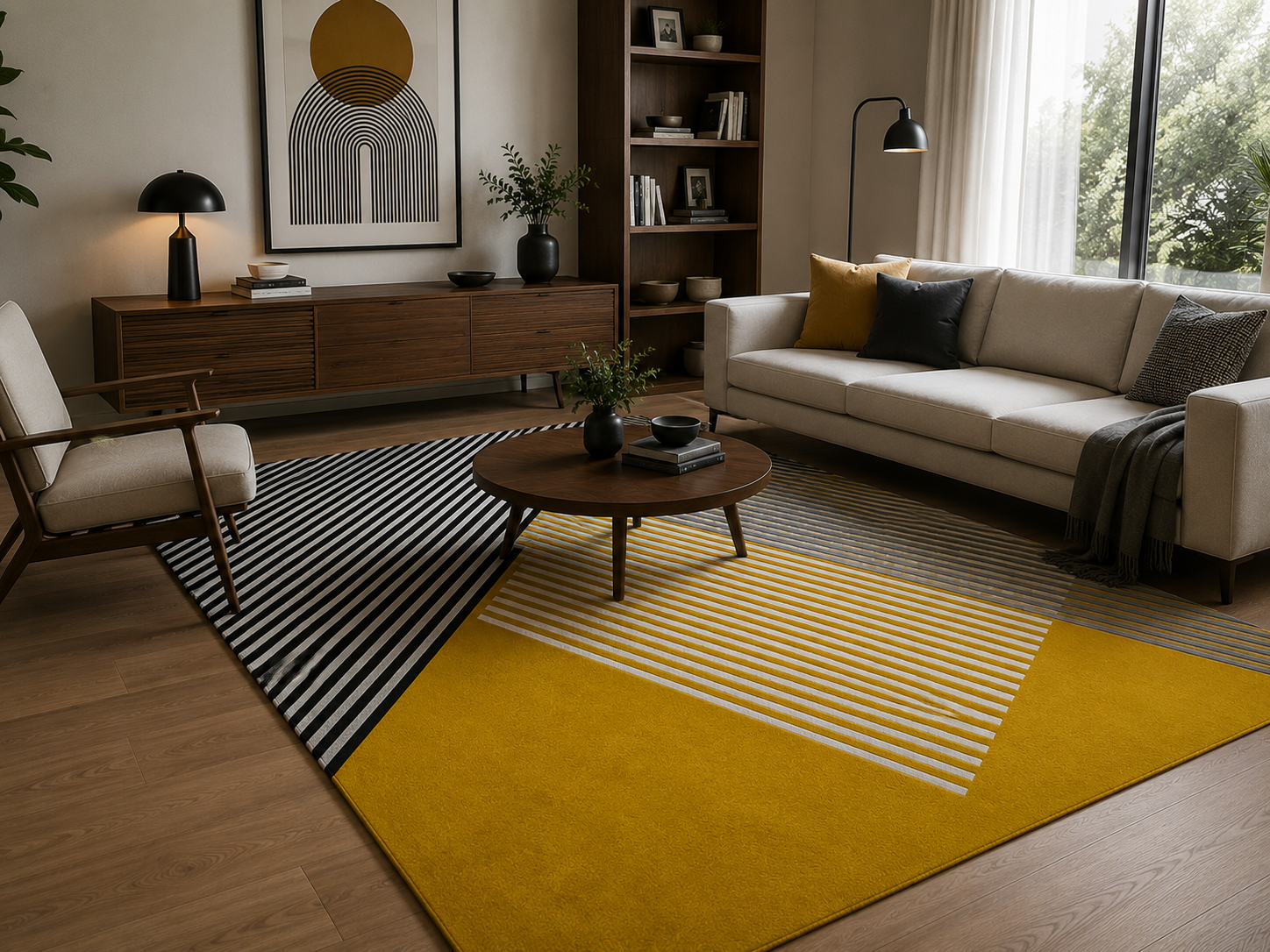 Sentrae Mustard Yellow Black Wool Rug – Byron Bay Sunrise View 3 – Hand Tufted Rugfine