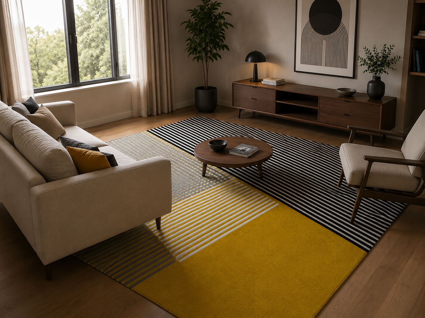 Sentrae Mustard Yellow Black White Wool Rug – Sunrise Over Byron Design View 2 – Rugfine