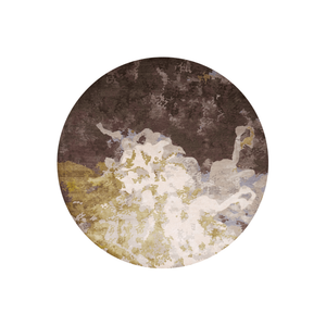 Serase marbled abstract round wool rug in plum brown, ivory and ochre gold, hand tufted by Rugfine