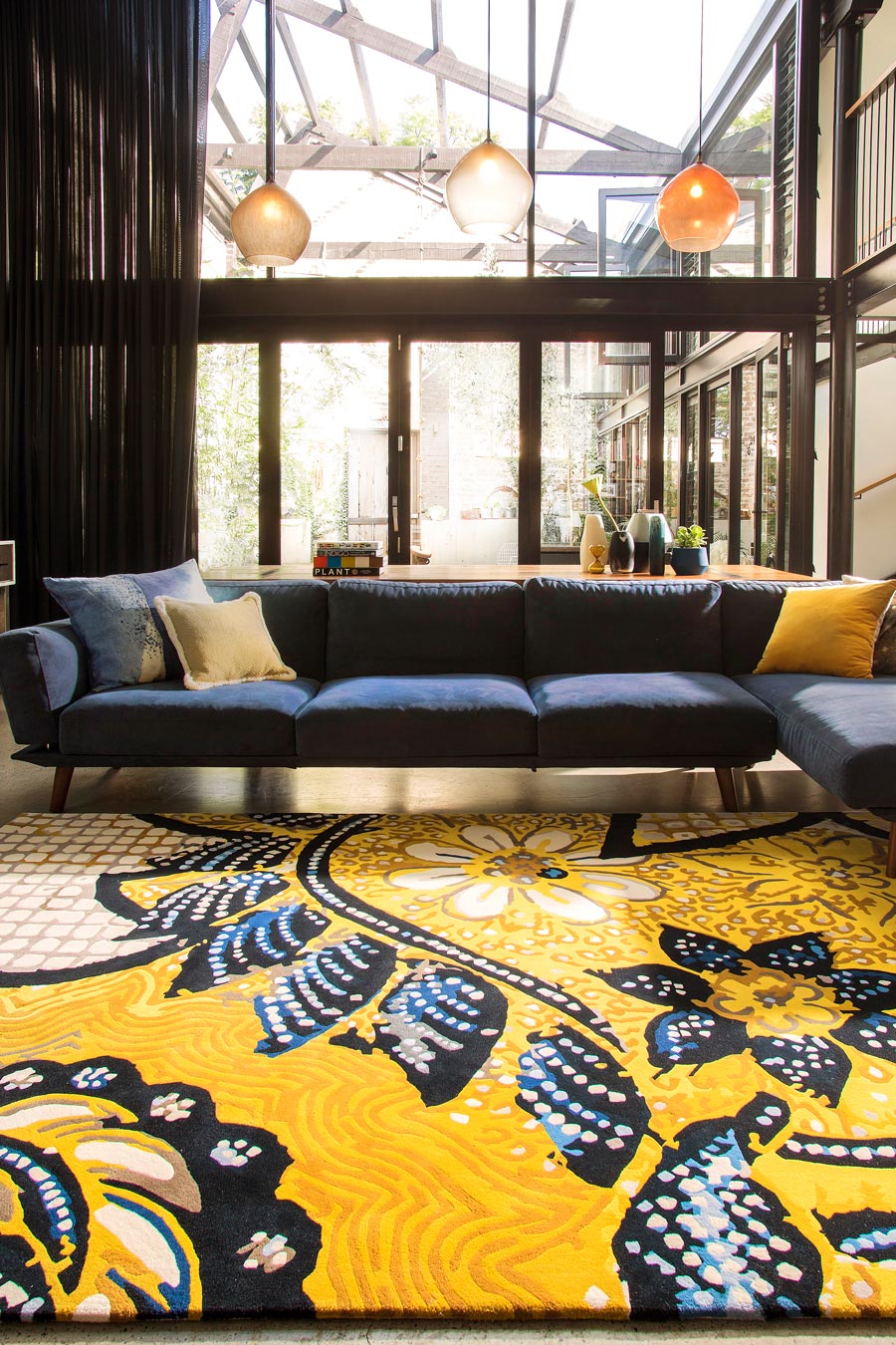 Solaze Hand Tufted Rug – Golden Yellow Navy Blue White Wishing Well 100% New Zealand Wool Luxury Area Rug by Rugfine – Lifestyle View