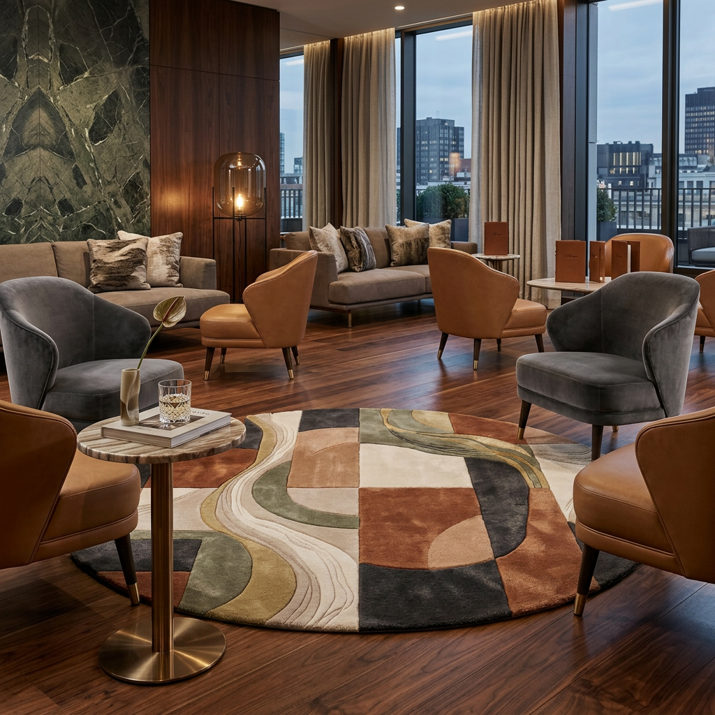 Strata terracotta and sage round rug styled in a warm minimalist interior