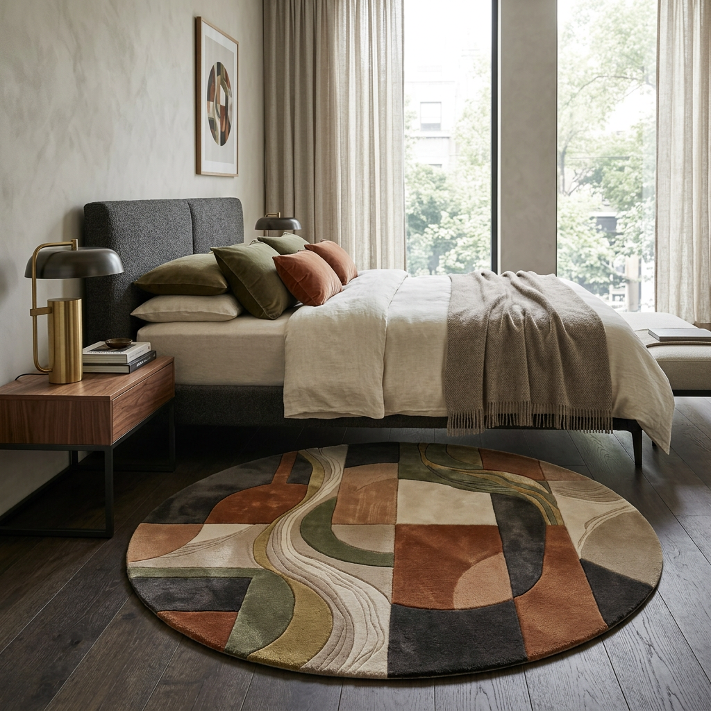 Strata round wool rug in a bright living room with pale oak floor, grey sofa and walnut armchair