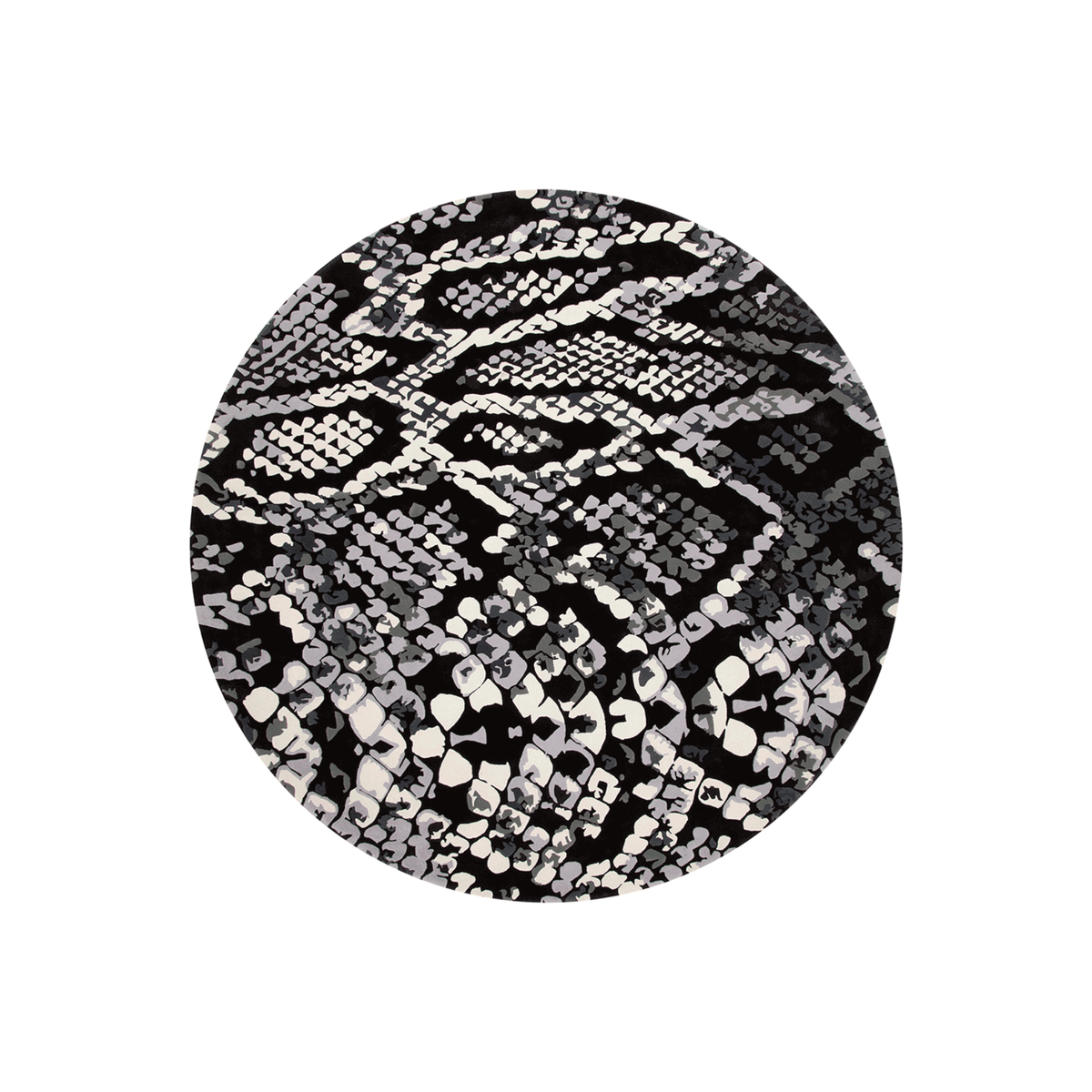 Styph snakeskin round wool rug in black, ivory and grey, hand tufted by Rugfine