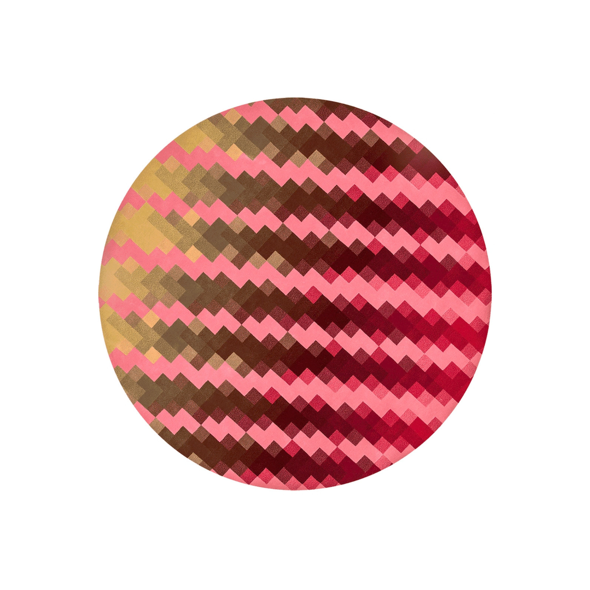 Synch pixel zigzag round wool rug in coral pink, crimson, brown and olive gold, hand tufted by Rugfine