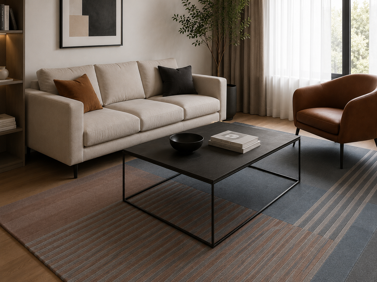 Thrivon Brown Charcoal Steel Blue Rug – Room Setting View 4 – New Zealand Wool Rugfine