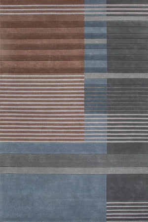 Thrivon Brown Steel Blue Charcoal Straight Forward Wool Rug – Original Overhead View – Rugfine