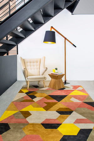 Coral Yellow Navy Hand Tufted Wool Rug – Tiderush Berlin by Bleux 100% NZ Wool by Rugfine – Lifestyle View