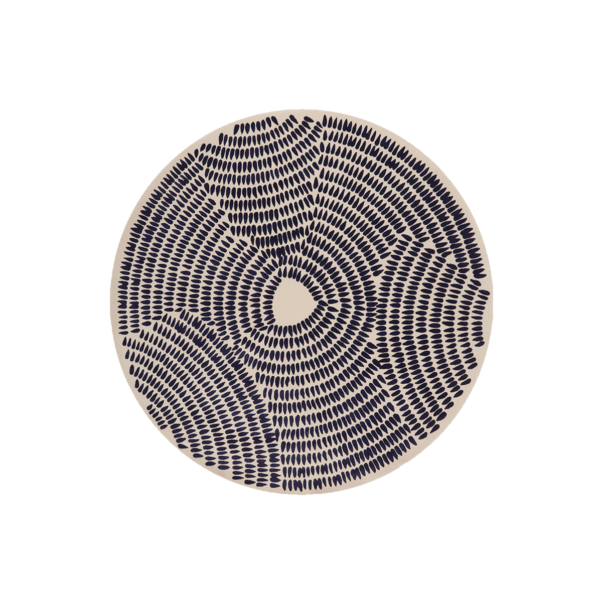 Trangis spiral dash round wool rug with navy dashes on cream, hand tufted by Rugfine