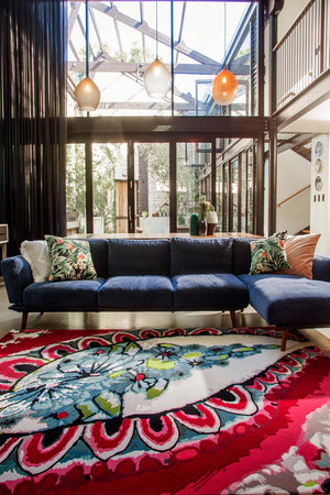 Hand Tufted Floral Wool Rug Twizmo Crimson Teal Lime Green Lifestyle View Rugfine