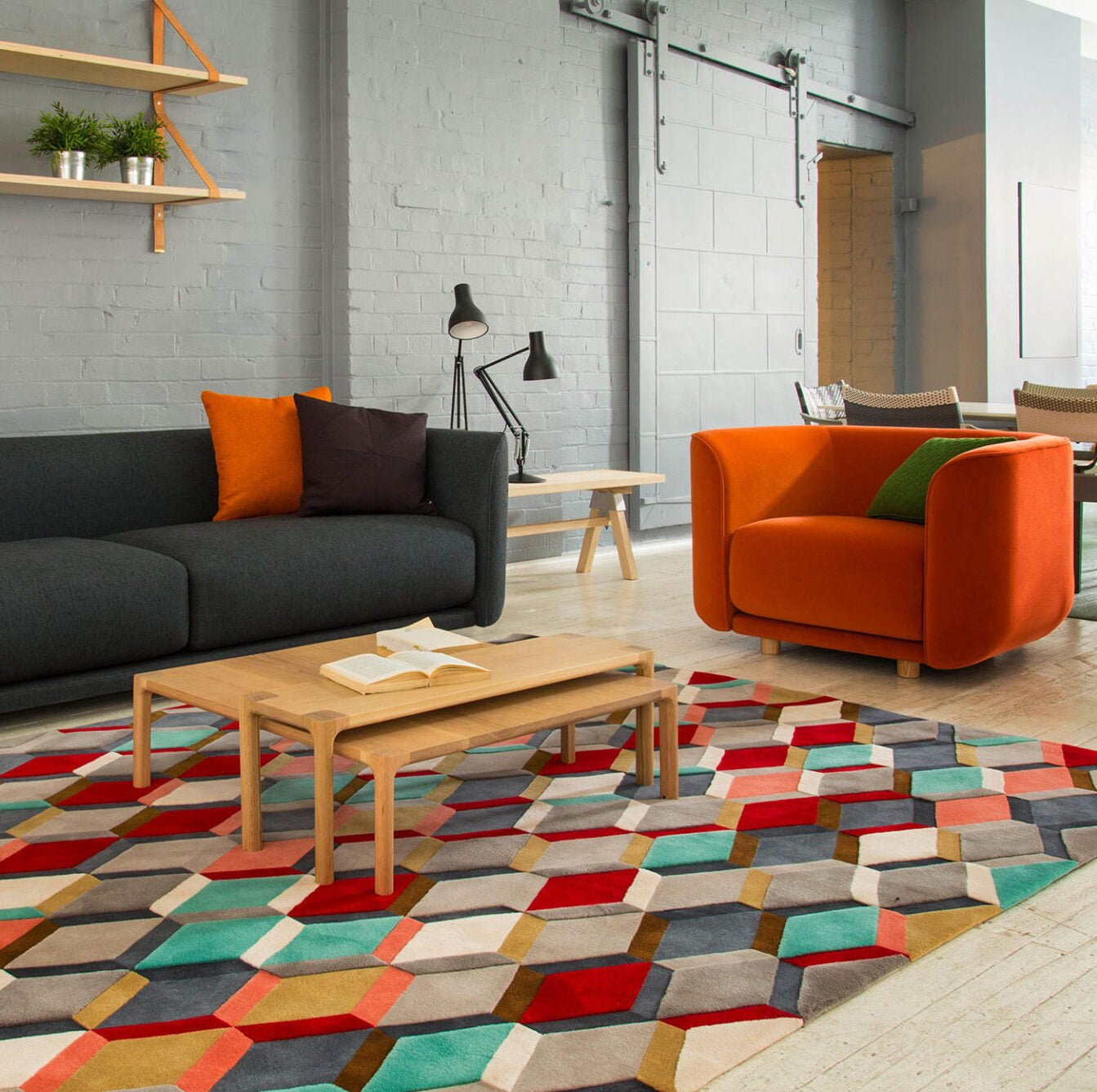 Red Teal Grey Hand Tufted Wool Rug – Verveo Kaleidoscope by Kimono 100% NZ Wool by Rugfine – Lifestyle View