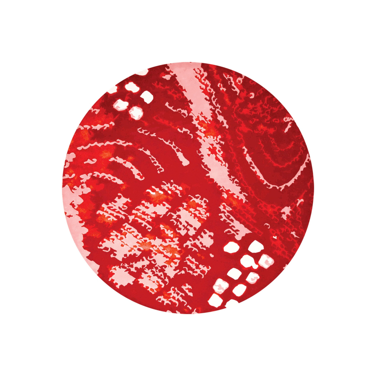 Visoli crimson abstract round wool rug in red with blush pink and white marks, hand tufted by Rugfine