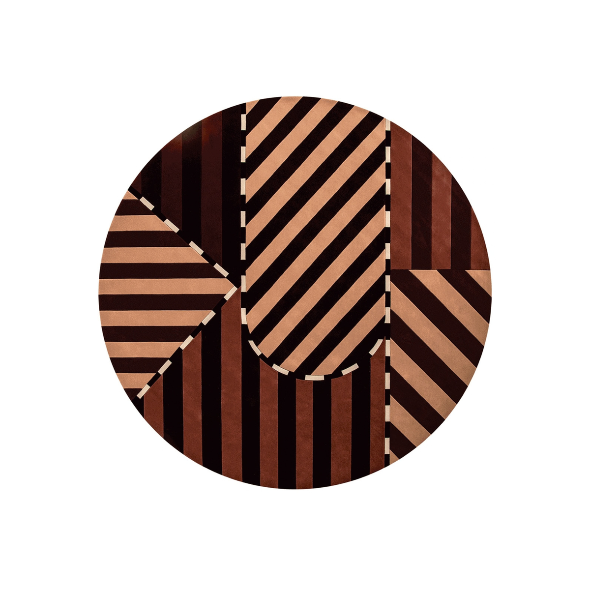 Vizend striped round wool rug in terracotta, tan, espresso and rust, hand tufted by Rugfine