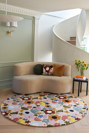 Cream Blush Pink Burnt Orange Square Rug – Zestnik Skippy Garden 100% New Zealand Wool by Rugfine – Lifestyle View