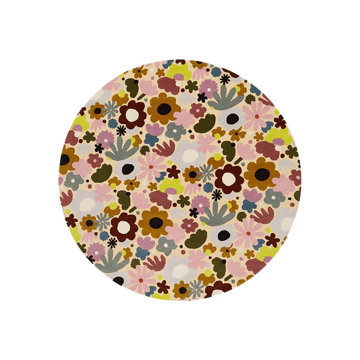 Zestnik retro floral round wool rug with blush pink, burnt orange and olive flowers on cream, hand tufted by Rugfine